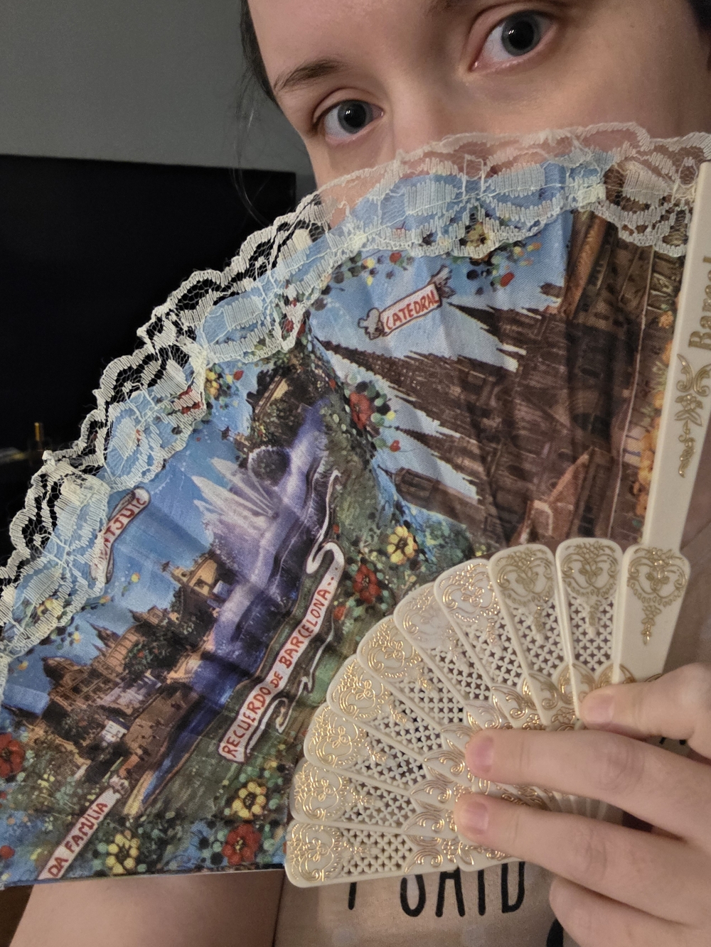 Premium Barcelona Spain Souvenir Hand Fan Heavy Filigree Ribs & Lace With Tags